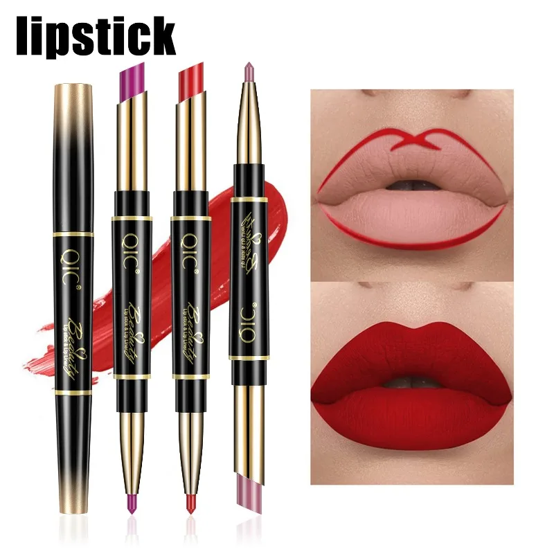 ดินสอเขียนขอบปาก 2in1 กันน้ำ ลิปสติกเนื้อแมท สีแดงเซ็กซี่ ติดทนนาน เครื่องสำอางแต่งหน้า ดินสอเขียนขอบปากแบบอัตโนมัติ เนื้อแมท