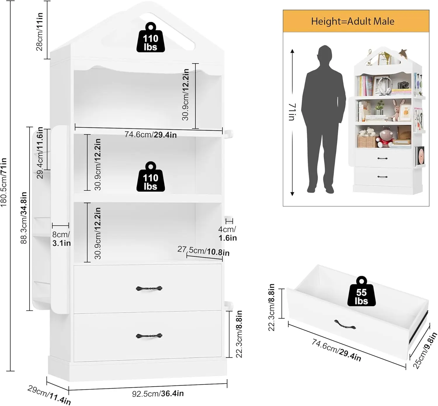 Tall Kids Bookcase, Kids Bookshelf with 2 Drawers, 4 Tier Large Book Shelves, Wood Display Standing Cabinet with Toy