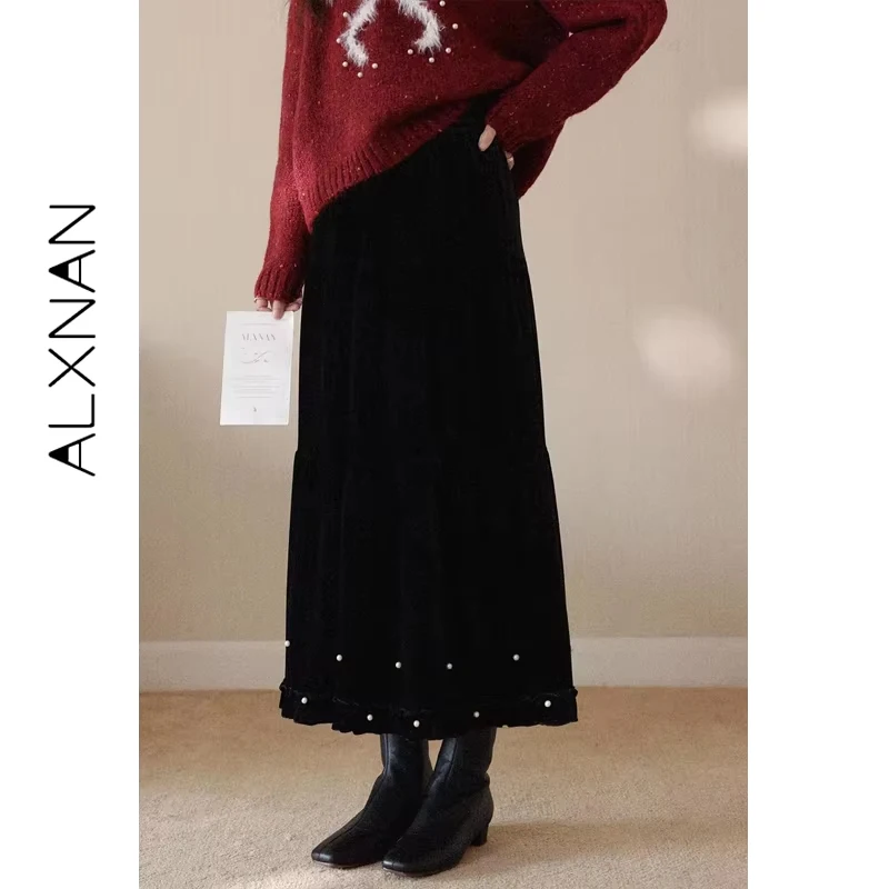 

ALXNAN Black Velvet Long Skirt Women High Waist Winter Ruffled Skirts with Pearl Embellishments Elegant Female Clothing L60162