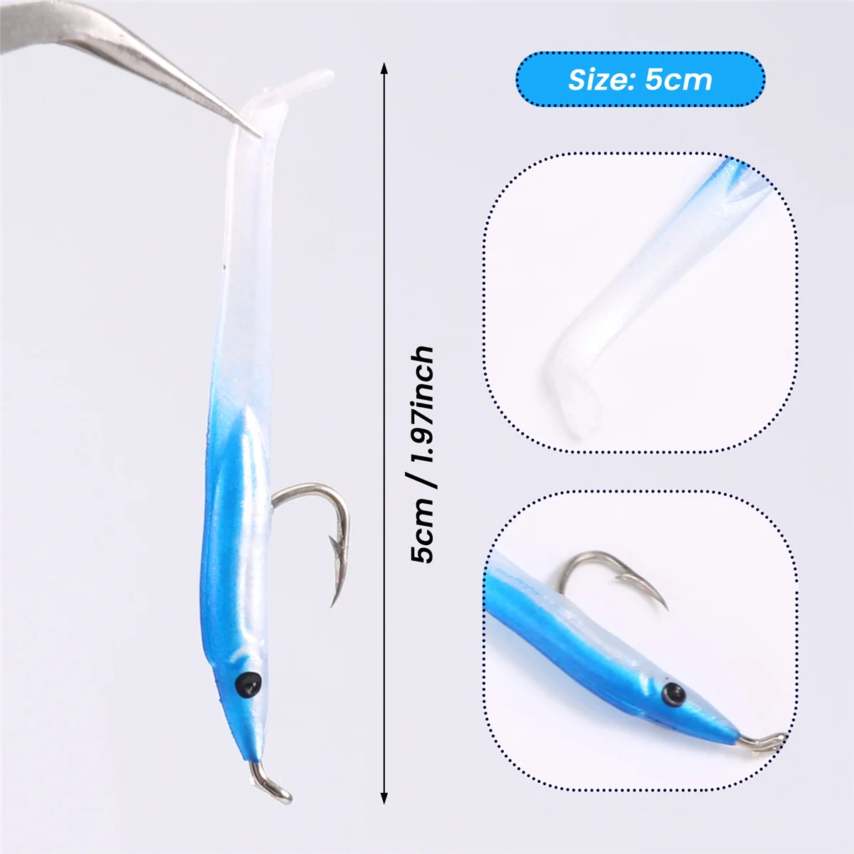 Sunmile isca de pesca falsa, isca de pesca marítima com gancho, enguia, isca biônica, 5cm/0.6g, cauda t, isca de simulação de insetos macios, 15 peças, azul