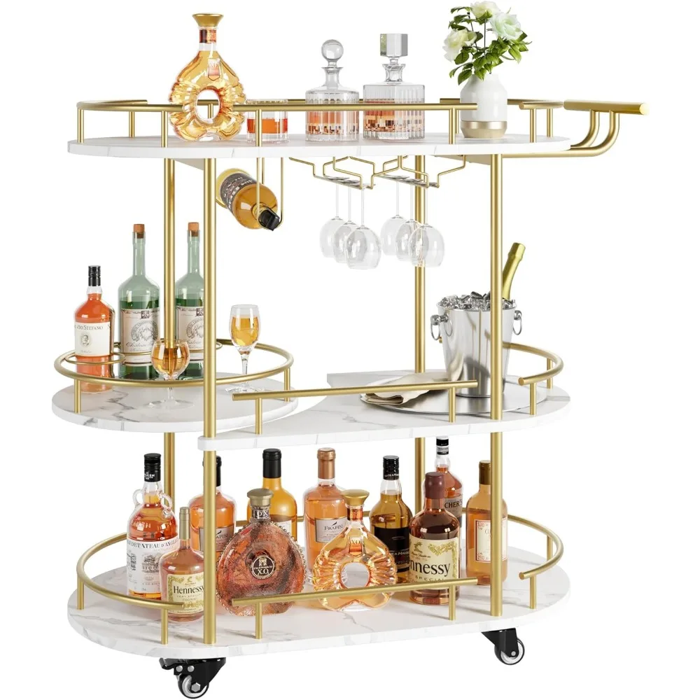 Gold Bar Carts with 4-Tiers Storage Shelves，Mobile Bar Seving Carts on Wheels with Wine Rack and Glass Holder