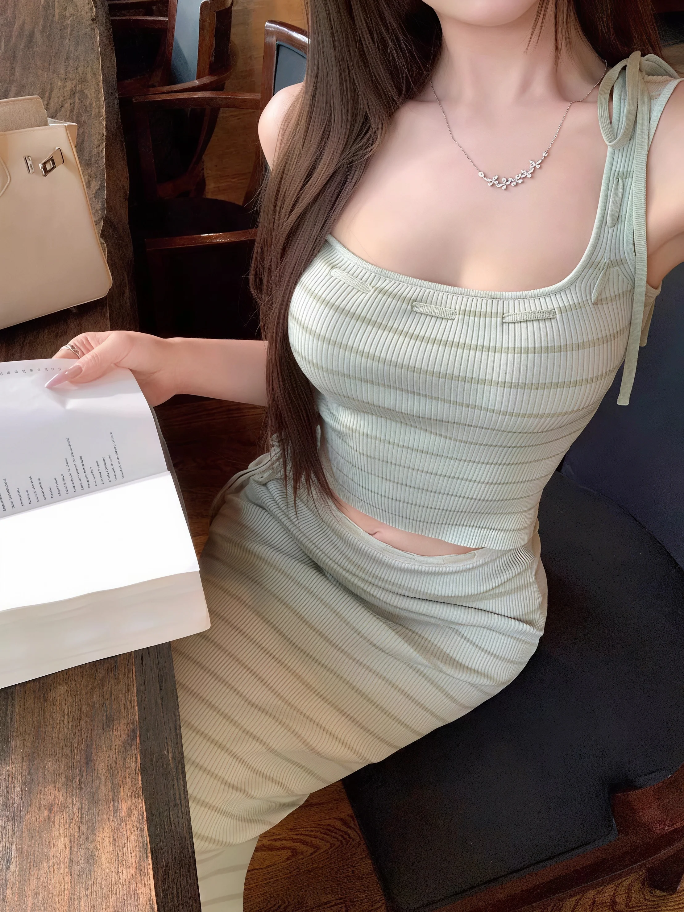 Women Striped Knit Two‑Piece Outfit Spaghetti Strap Crop Top High Waist Side Tie Long Mermaid Skirt Set