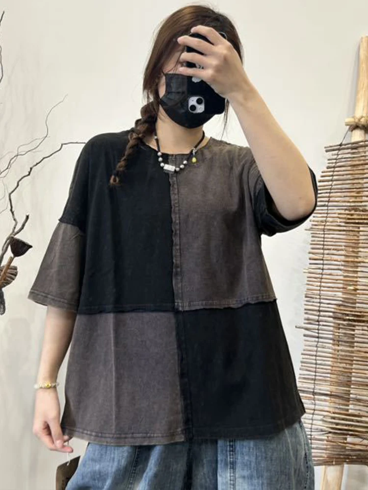 Amax luluE Summer Korean Vintage Clothes Womens Leisure Loose Cotton T-shirts Ladies Luxury Fashion O Neck Tops Patchwork Tees