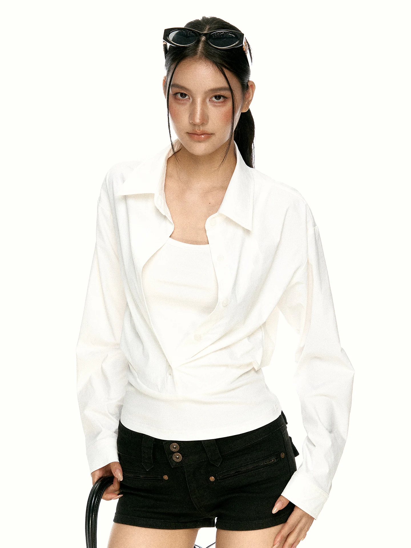Aaisup Korean Style White Long Sleeve Shirt Women's Initial Autumn Spicy Pure Desire Waist Cinching Slimming Base Top