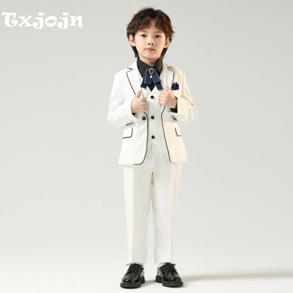 

Fashionable Formal Kids Suit Set 5 Pieces Wedding Ring Bearer Outfit Notched Lapel Boys Slim Fit Suits Birthday Party Tuxedo