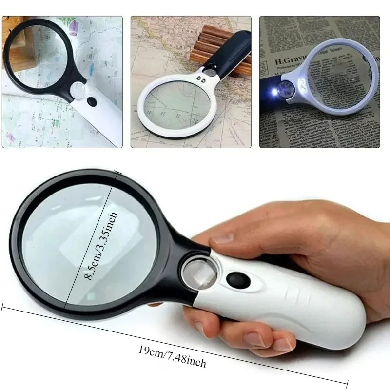 

1PCS White Magnifying Glass Handheld Magnifier With 3 LED Light For Reading Magnifying Glass Jewelry Loupe