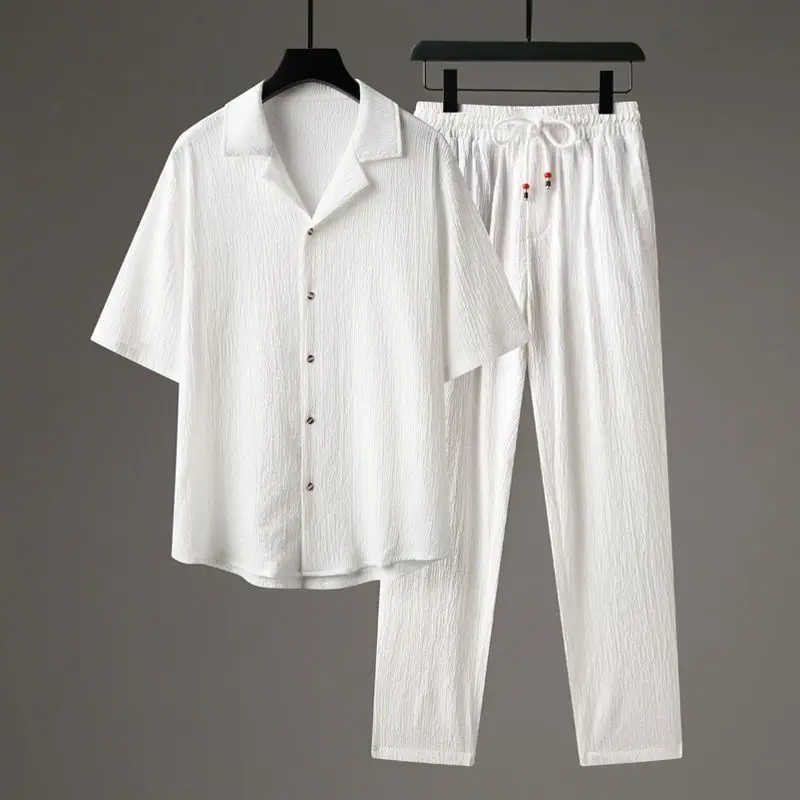 Ensemble chemise et pantalon de sport décontracté pour hommes, haut de gamme, manches mi-longues, Style chinois, deux pièces, vêtements amples et respirants, jogging, nouvelle collection été