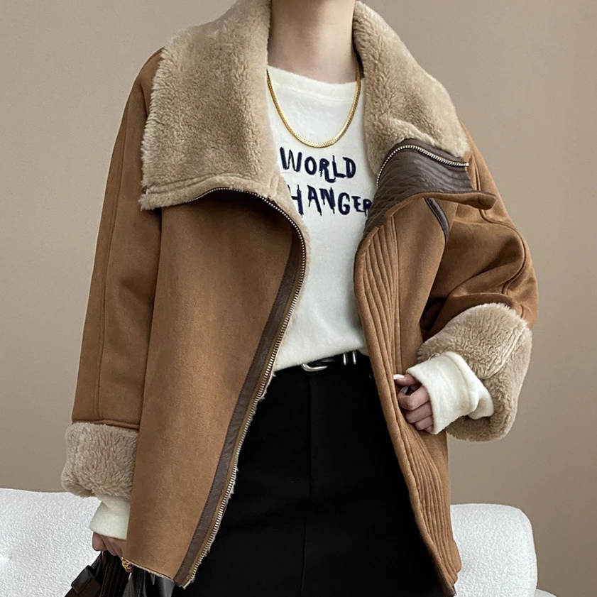 

Women Coats Solid Jackets Pocket Zipper Turn Down Collar Long Sleeves Thick Loose Fit Casual Office Lady 2025 Autumn Winter