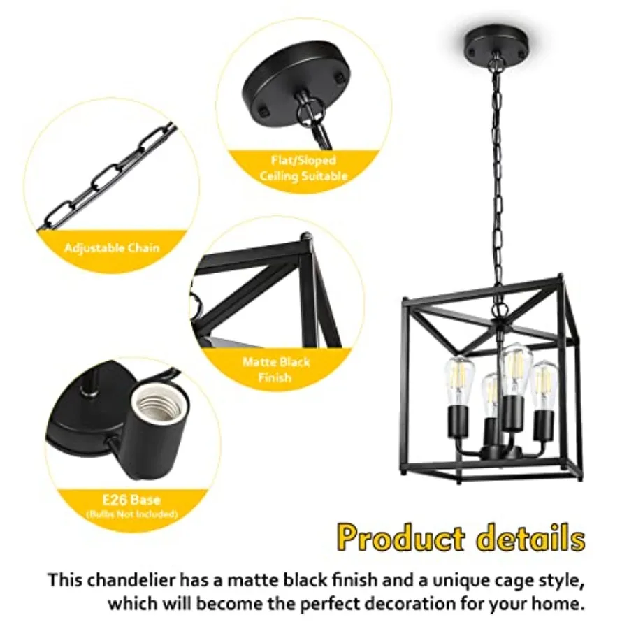 4-Light Black Farmhouse Chandelier, Iron Lantern Pendant Light Rustic Cage Adjustable Height, E26 Base Industrial Hanging Light - view 4