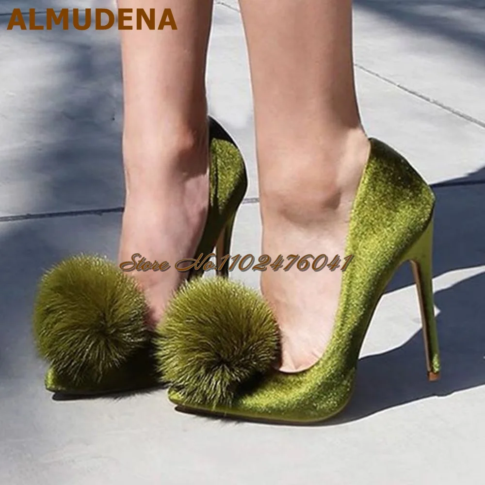 

ALMUDENA Olive Green Velvet Pom Pom High Heel Pumps Clear PVC Stiletto Heels Dress Shoes Fluffy Fur Wedding Shoes Size46