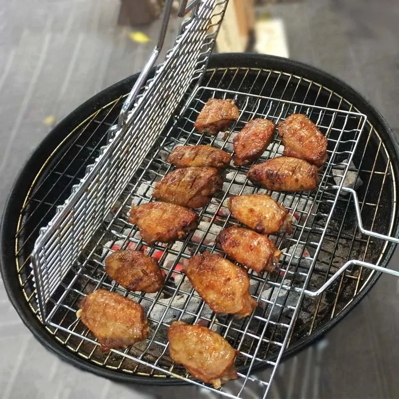 D2 Outdoor BBQ Cookware Fish Clip Grilling Basket Grill Mesh Mat Wooden Handle Barbecue Meat Vegetable Steak Picnic Net BBQ Tong