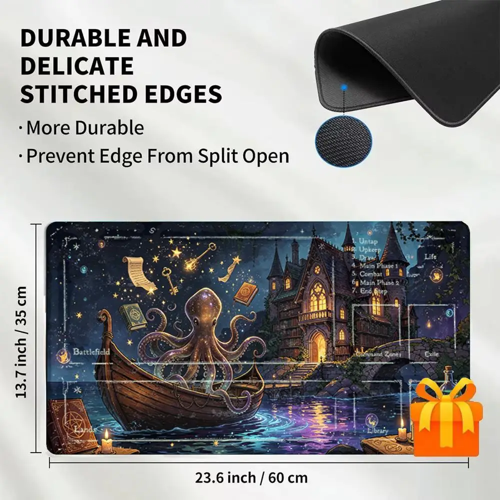 Magic Octopus Old Castle Boat Starry Night Playmat Magic Card Battle Mat MTG Playmat Anti-Slip Base Gathering Gaming Mat for TCG