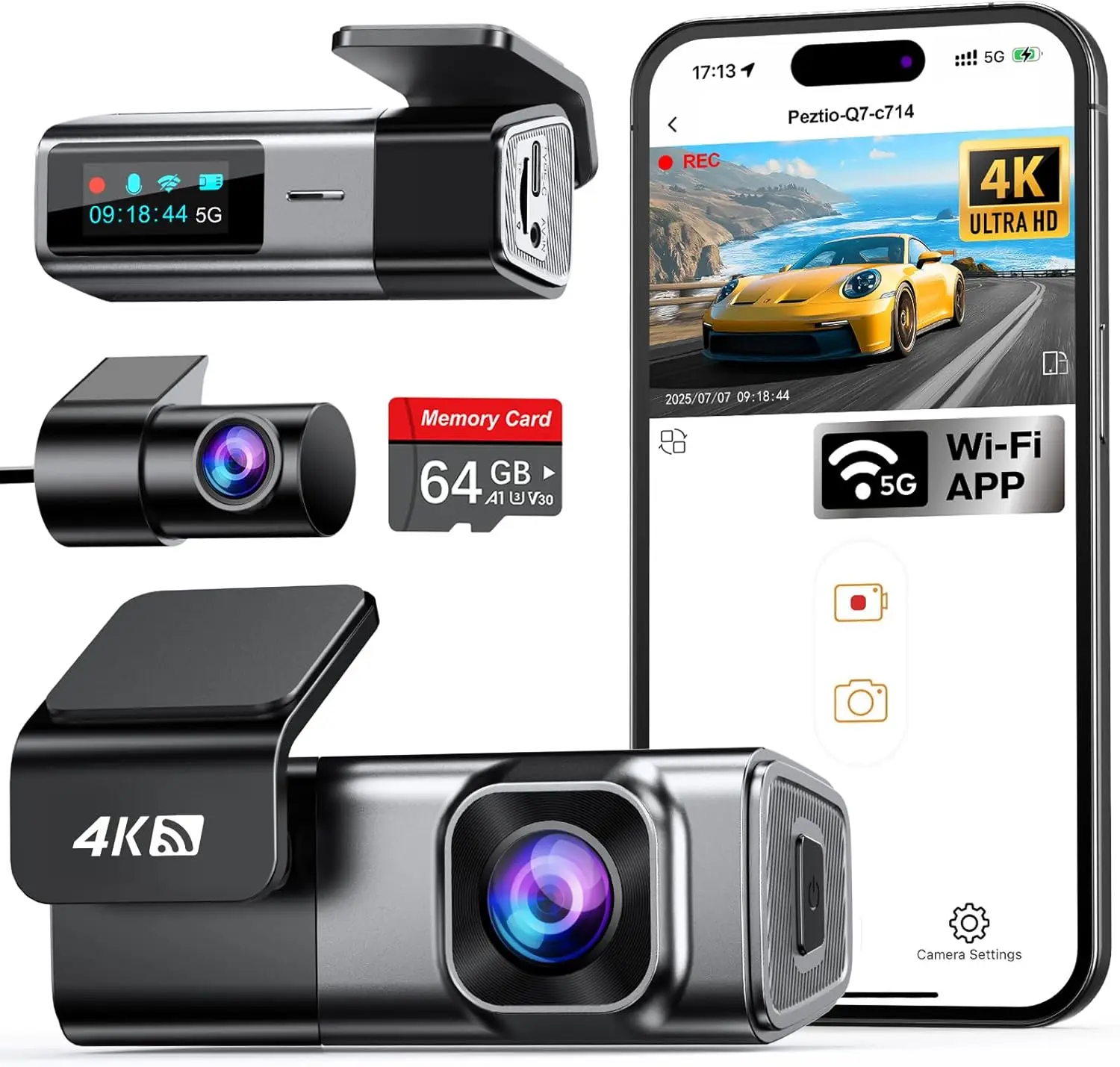 

4K Front & 1080P Rear Dash Cam with 64GB Card, Built-in WiFi, Parking Mode, Loop Recording