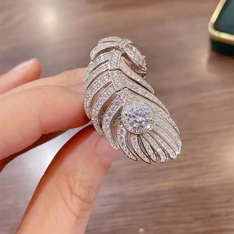 Mit Federn besetzte Diamantringe für Damen, elegantes Silber 925, funkelnder, übertriebener Mode-Ehering, edler Schmuck, Geschenke