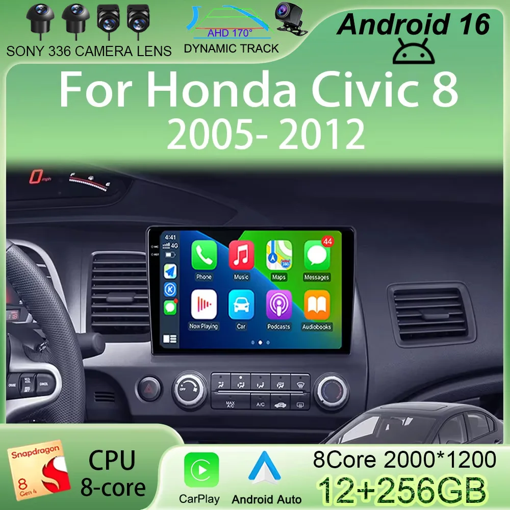 

Автомагнитола Android 16 с 9-дюймовым экраном, Carplay, для Honda Civic 8 2005-2012, мультимедийный плеер, навигация GPS, 2 Din, 4G, аудио, без DVD