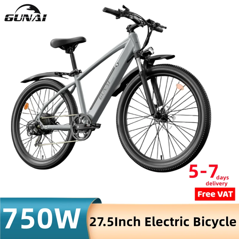 GUNAI 750W Electric Bicycle Brushless Motor 27.5Inch Off-road Tire with 48V 10Ah Battery Mudguard Adult Mountain Ebikes EU Stock