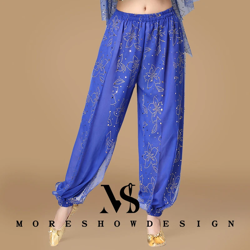 Pantaloni di danza del ventre per performance di danza del ventre Pantaloni di chiffon per le donne Garza di fiori Costume da spettacolo di danza indiana femminile