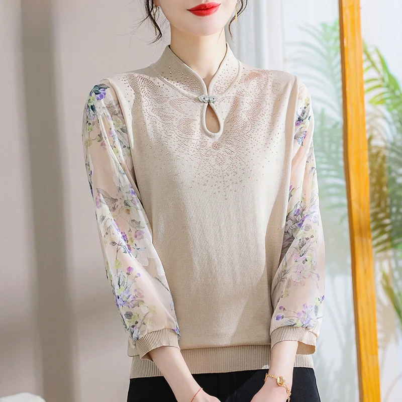 

Модный вязаный топ для женщин среднего возраста, весна-осень, новинка, в китайском стиле, свободный крой, из смесового полиэстера, укороченный, размер B