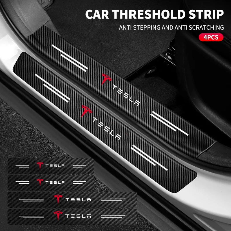 Image of 4 Stück/Set Kohlefaser-Autotürschwellenschutz-Logo-Aufkleber für Tesla Model 3 Model X Y Roadster Performance