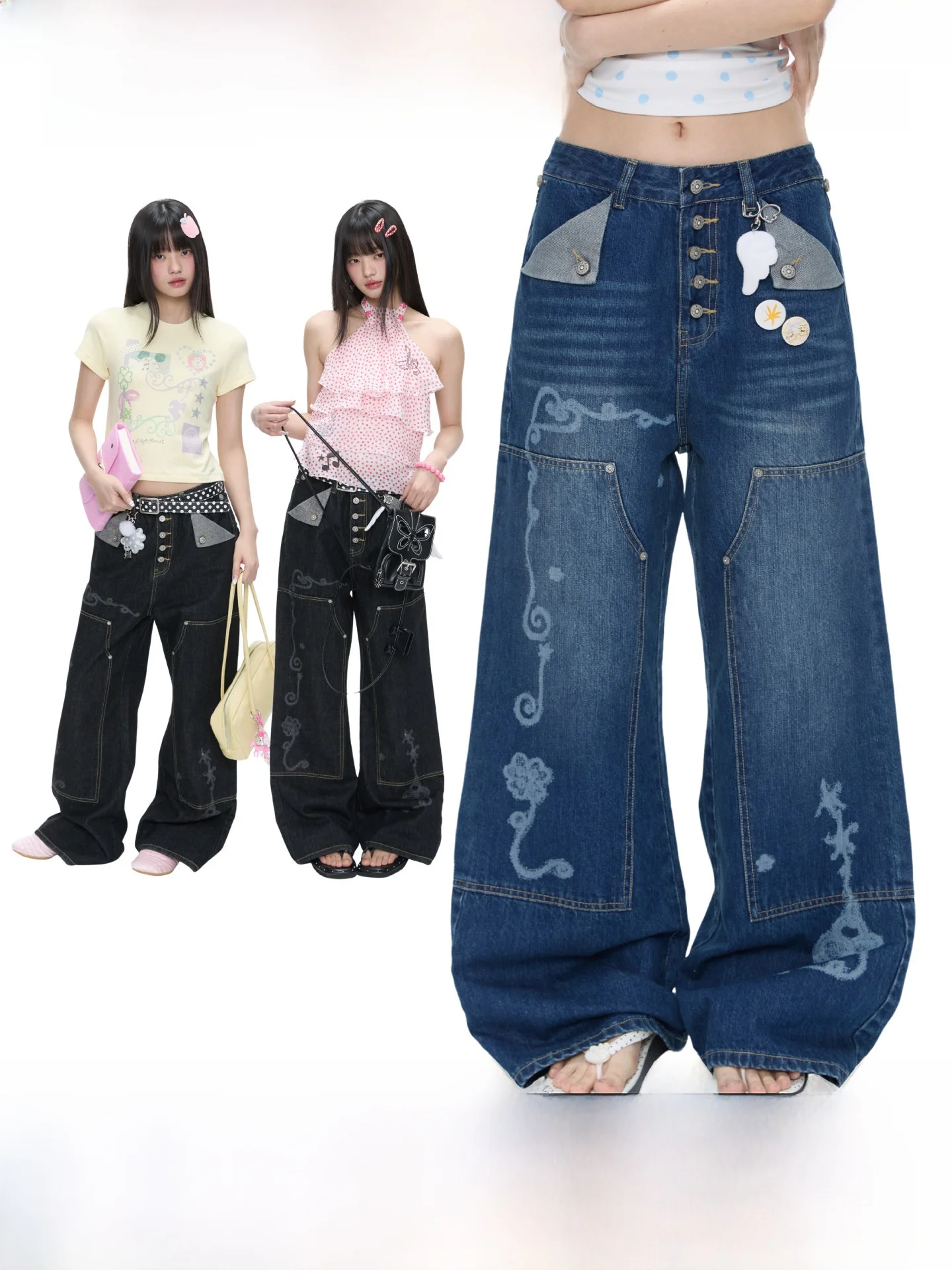 

Retro Film Summer Bell Bottom Heavy Duty Washed Original Jeans Dual Color Denim Pants Women's Loose Fit Comfortable Jeans