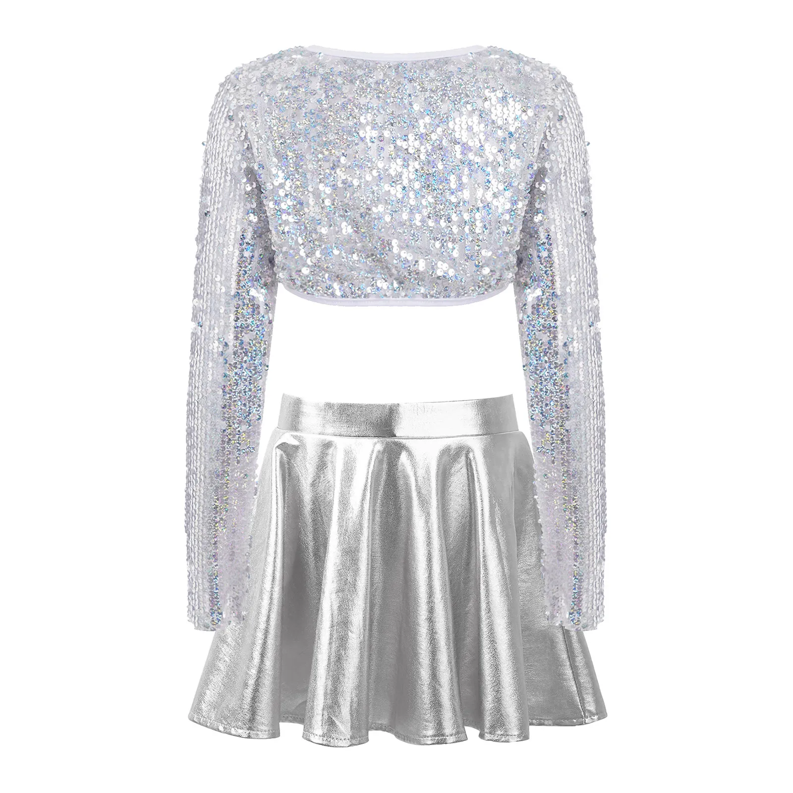 Girls Jazz Dance Outfit Cross Back Vest with Glittery Sequin Bolero Shrug Long Sleeve Crop Top Metallic Skirt Party Dancewear