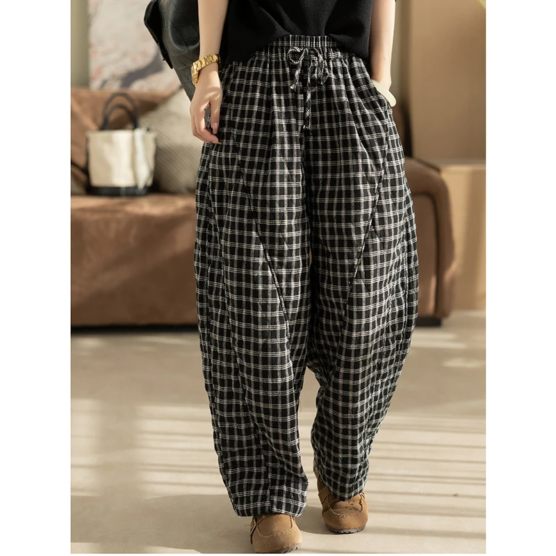2025 nouveauté hiver mode femmes Arts Style cheville longueur pantalon décontracté ample coton taille élastique Plaid sarouel K112
