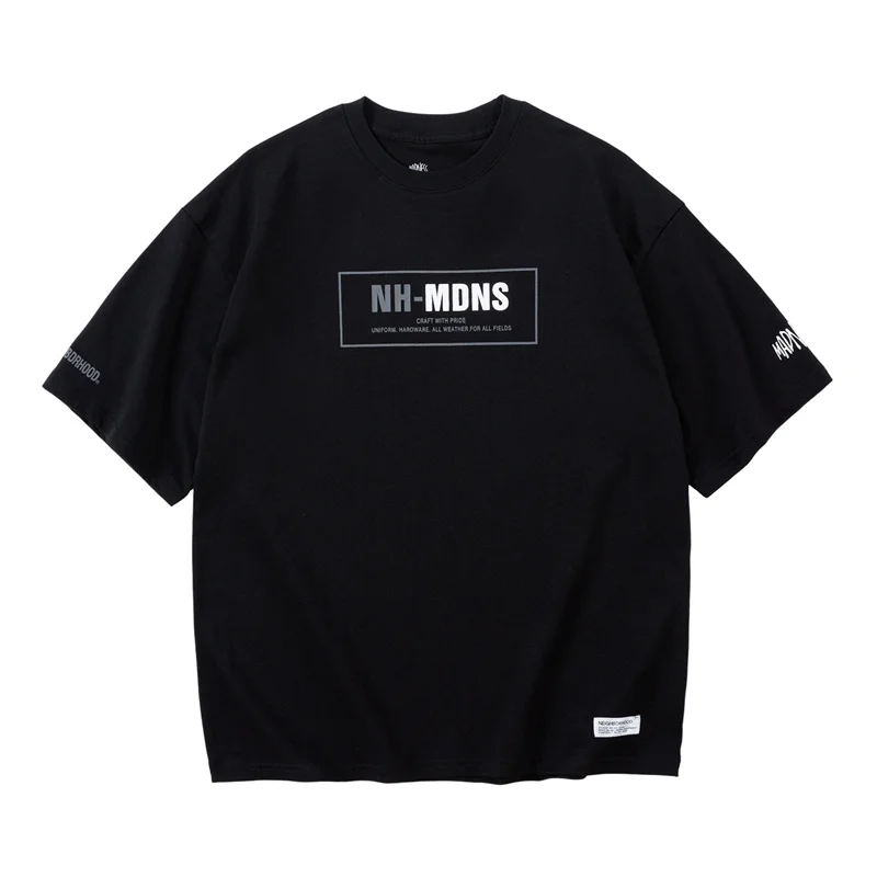 تي شيرت NBHD بأكمام قصيرة بتصميم كلاسيكي باللون الأسود والأخضر الزيتوني، مقاس كبير، قطن 100%، قماش سميك، ملابس رجالية كاجوال