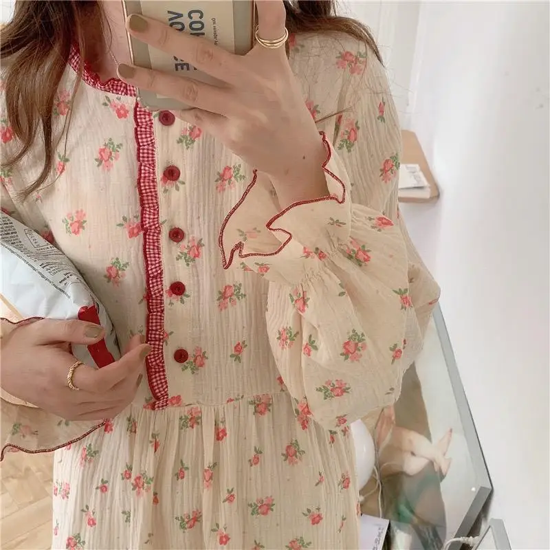 Cotton Womens Nightgown Night Dress Woman Nightie Korean Home Dresses Long Sleeve Sleeping Clothes Sweetheart