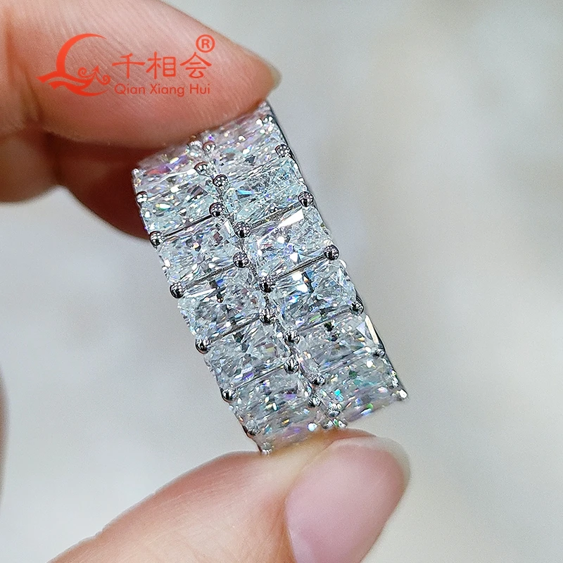 12mm width 4*6mm radiant shape double raws Full Eternity Ring Silver Moissanite Ring Men women wedding datting gift fine Jewelry
