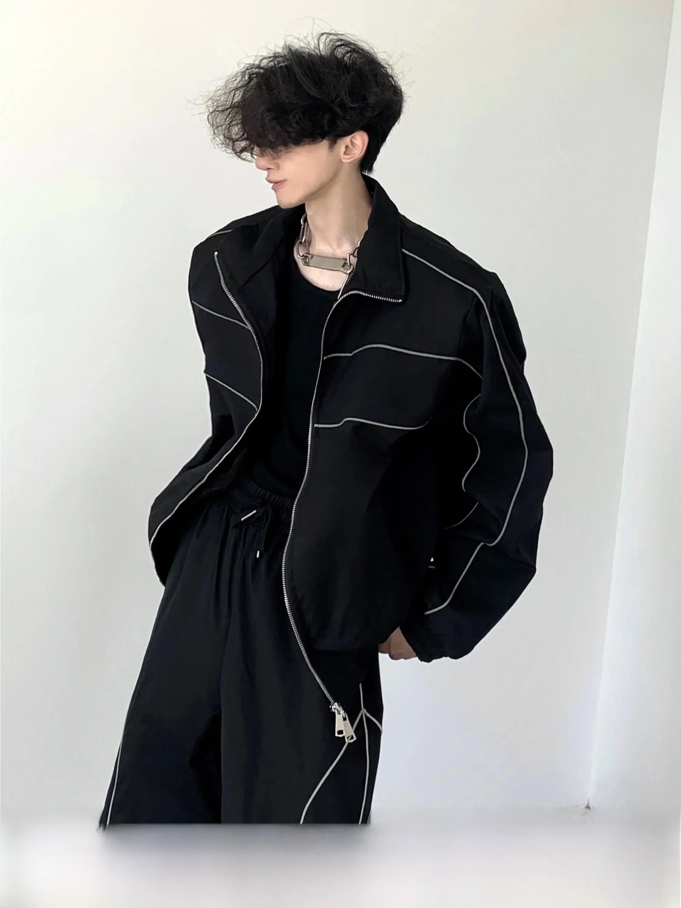 Autumn Mountain Wind Men's Sportswear Set Pad Shoulder Jacket with Reflective Strips Long Sleeve Long Pants Casual High-End Feel