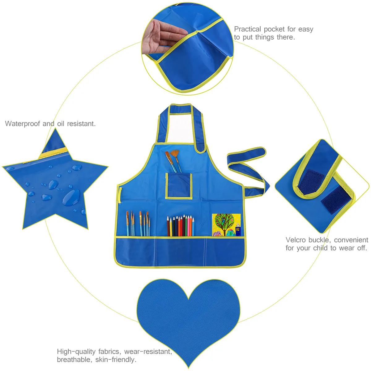 

Blue Children Painting Smock Waterproof Fabric 4 Pockets for Pens Paints Snacks Paper Towels Kids Art Apron Ages 3-12 Drawing