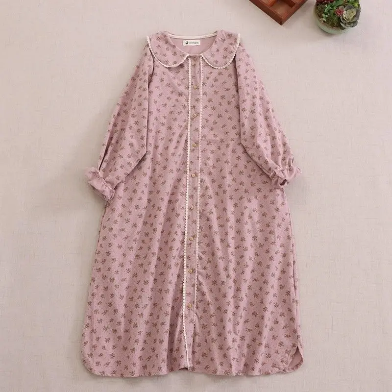 Mori Girl Style Floral Print Cute Doll Collar Long-sleeved Dress Loose Casual Retro Spring Fall Aesthetic Mid-length Women Dress