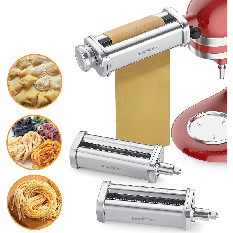 Attachment for Stand Mixer, Includes Pasta Sheet Rollar, Spaghetti Cutter, Fettuccine Cutter, Stainless Steel Pasta