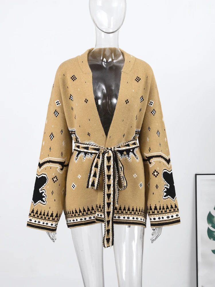 

Vintage Jacquard Lace Up Cardigan for Women Full Sleeve V-Neck Loose Lady Sweater Female 2025 Autumn Winter Lady Knitwear