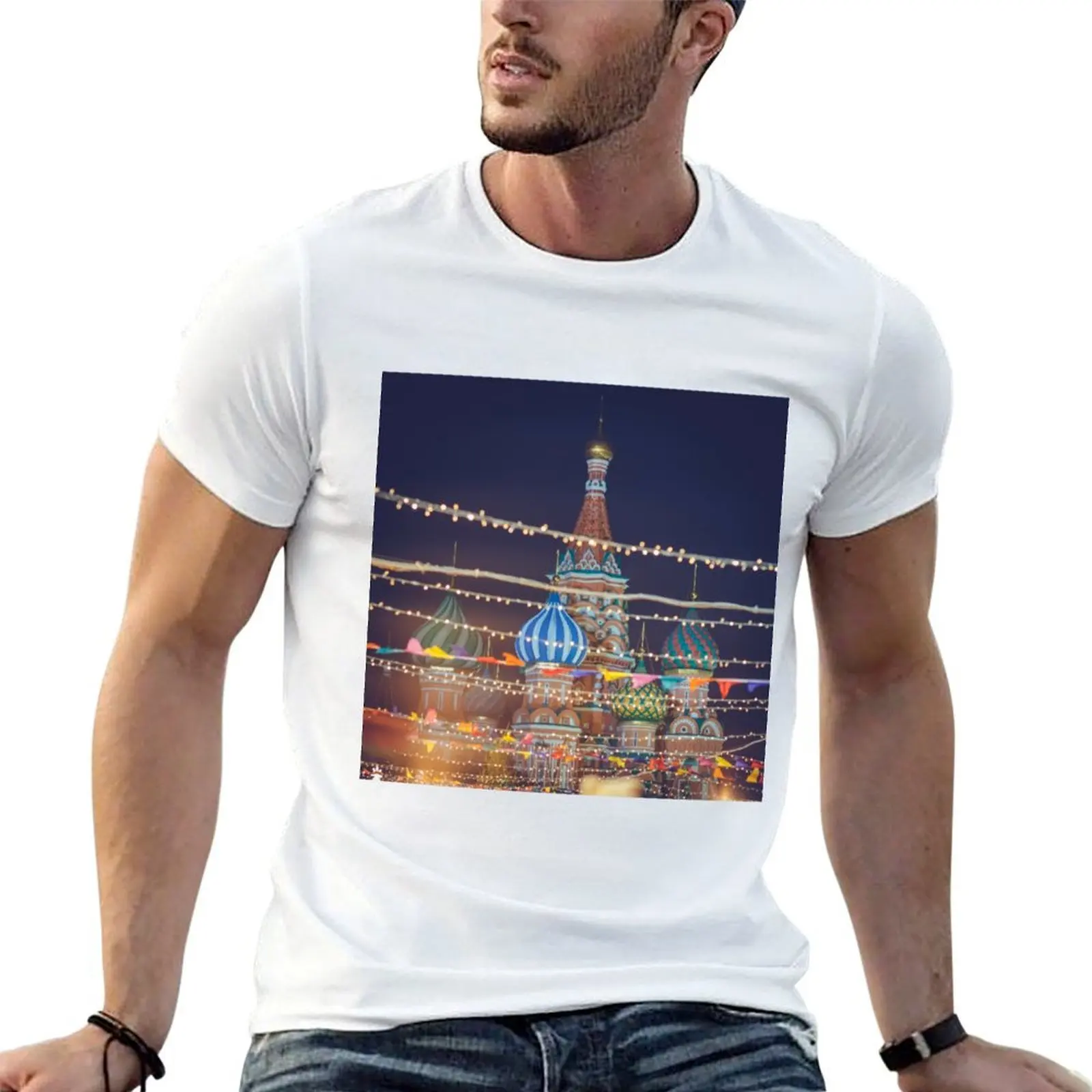

St Basil cathedral in Christmas in Moscow, Russia T-Shirt man t shirts cotton mens graphic t shirts man t shirt graphic T-shirt