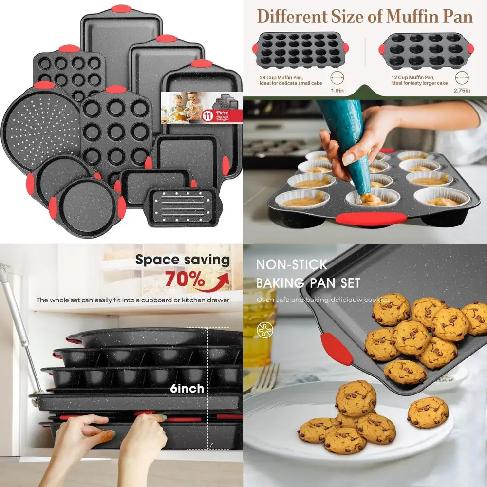 

11-Piece Red & Black Nonstick Baking Set with Silicone Handles, Cookie Sheets, Loaf, Pizza, Muffin Pans, Toxin-Free