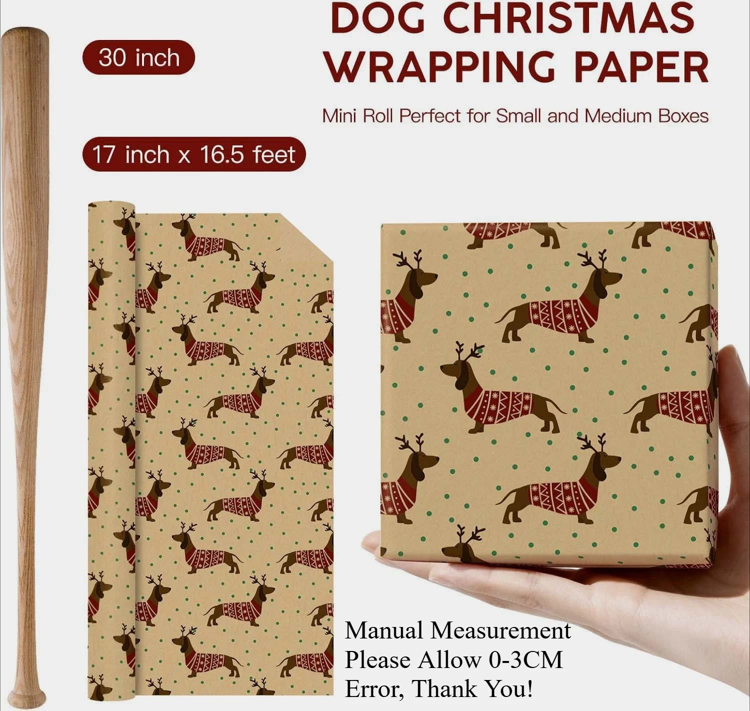 Christmas Wrapping Paper Roll - Kraft Gift Wrap With Dachshund Dogs In Sweaters, Snowflakes, For Pet Lovers, Holiday Packaging
