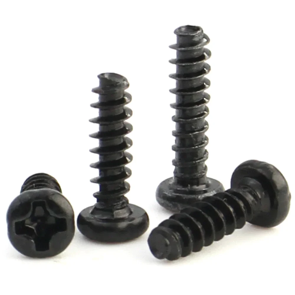 100pcs M1 M1.2 M1.4 M1.7 M2 M2.3 M2.6 M3 M3.5 M4 M5 Black Carbon Steel Phillips Cross Recessed Pan Head Self-tapping Screw