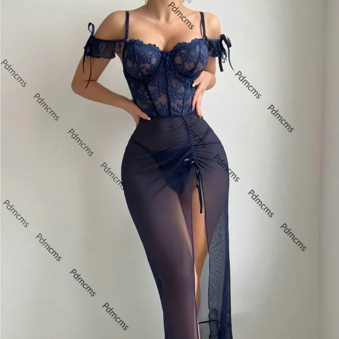 

Новинка 2025 года, темно-синий комплект нижнего белья Love, длинное платье, разделенная вилка, набедренная сексуальная перспективная соблазнительная пижама, кружево