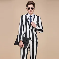 Brand New Tide Men Black White Zebra Stripe Blazer Male Stage Wear Masculino Slim Fit Fashion Casual Suit Jacket