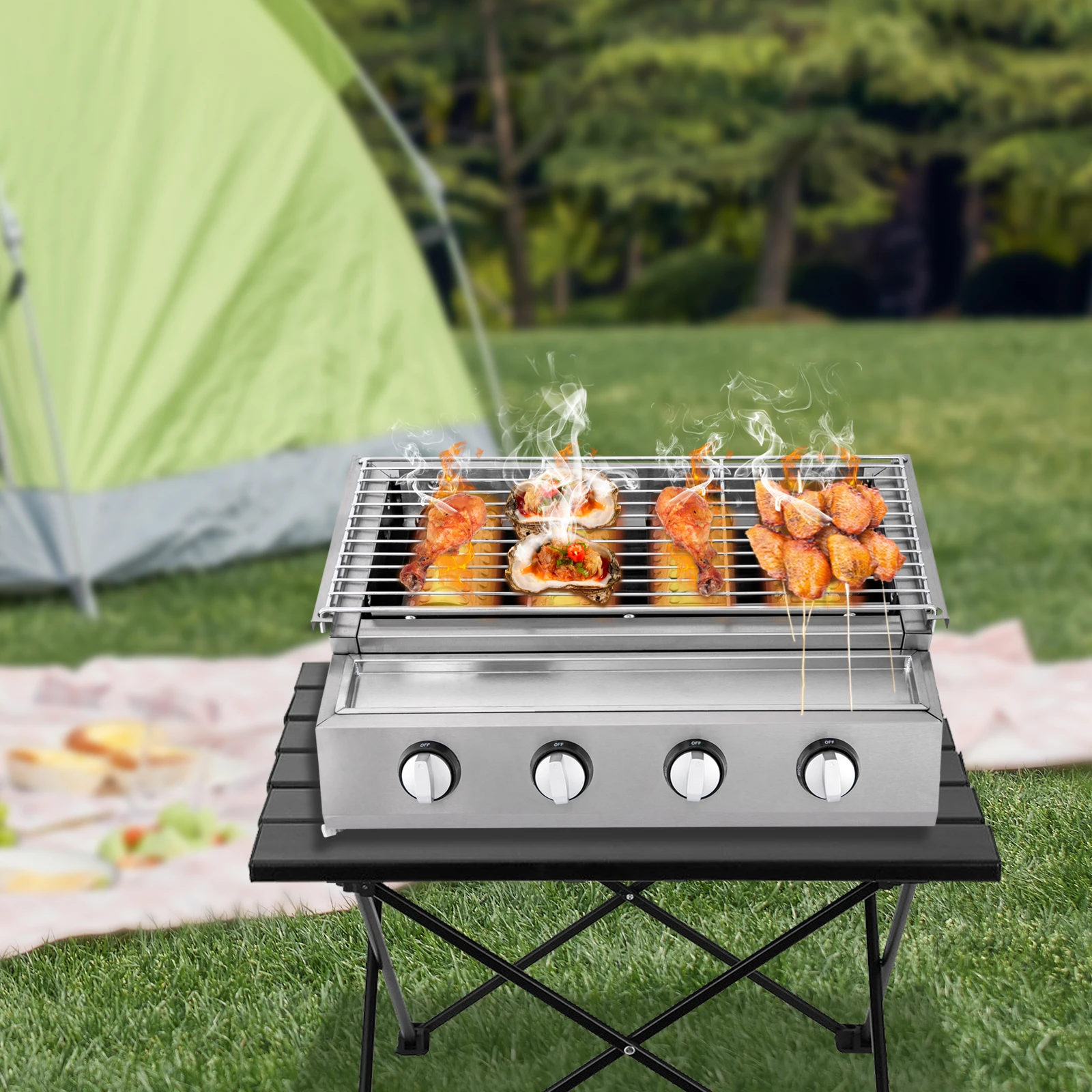 Gas Barbecue Stainless Steel Gastro Roasting Dish 4 Burner LPG Gastro Table Grill BBQ Table Grill with Oil Catcher Non-Slip Rubb