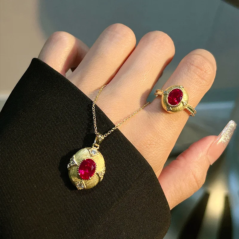 Red Corundum Fluorescent Light Color-Changing Simple Retro Brushed Open Ring Pendant Palace Style Set