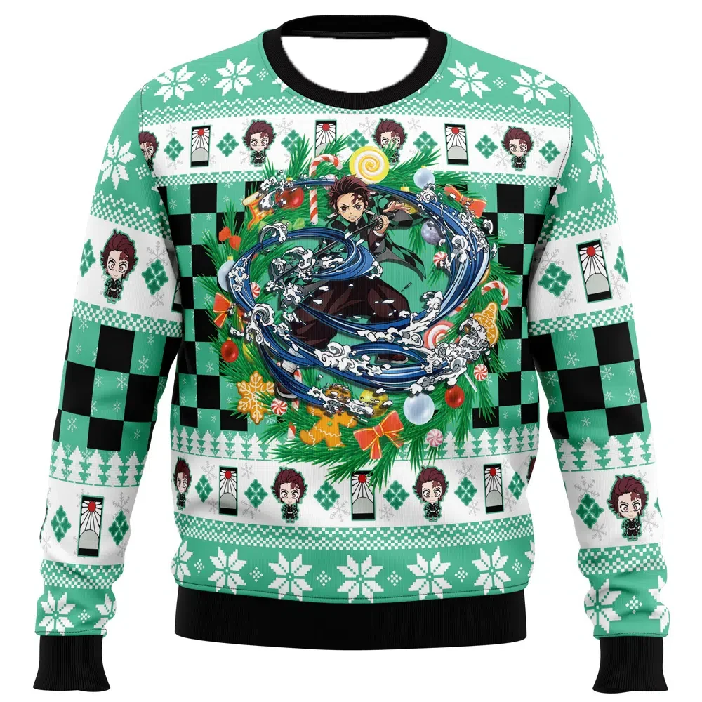 가을과 겨울 크리스마스 귀멸의 칼날 캐릭터 3D 프린팅 남성용 긴팔 라운드넥 셔츠 남성용 라운드넥 후디