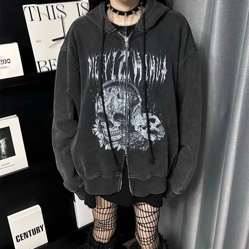 

Американская винтажная верхняя одежда на молнии с рисунком скелета, с длинным рукавом, однотонная модная карманная субкультура, складная с капюшоном, осень 2023 г.