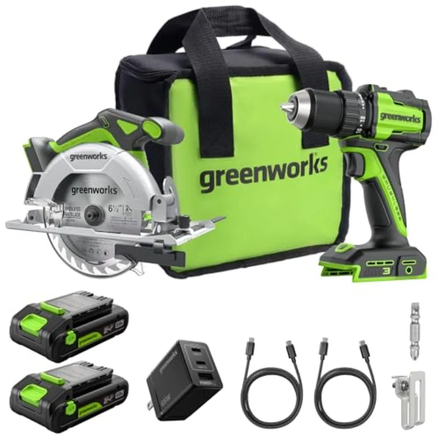 

24V 1/2" Brushl Cordl Drill 400 In-lbs. + 6.5" Circular Saw (4, 800 RPM), (2) 2.0Ah (12, 000mAh Power Bank) USB-C Batteries, Br