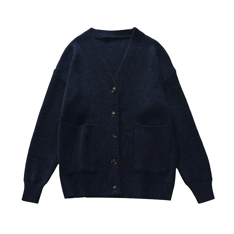 Japanese retro lazy style sweater jacket for women\'s autumn and winter 2023 new navy blue knitted cardigan top for winter