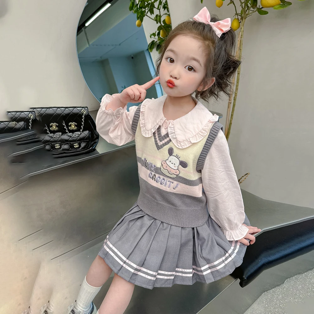 Children's Vest Shirt Pleated Skirt Pochacco Kuromi Sanrios Anime Spring Cinnamoroll Girl Sweet Fashion Kawaii College Style Set