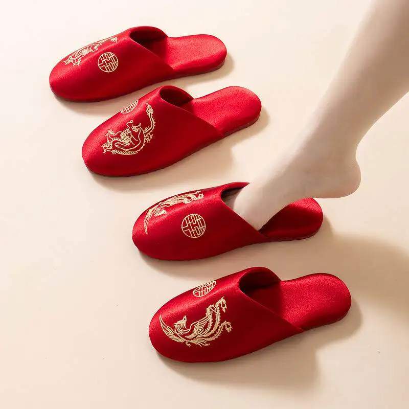 

Wedding Slippers Red Celebration New Couple Satin High-End Feeling Spring Autumn New Model Bridal Shoes Home Comfortable Sandals