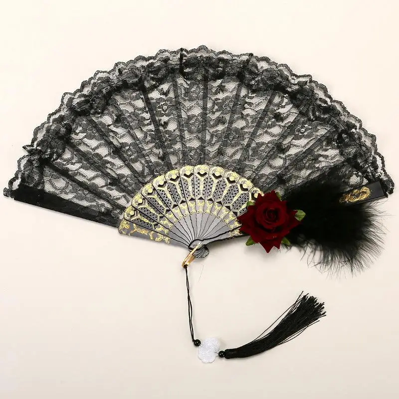 Lolita Gothic Fan Victoriaanse Vrouwelijke Kant Hand Fan Vintage Zwart Wit Rood Roos Bamboe Fans Cosplay Halloween Feestartikelen