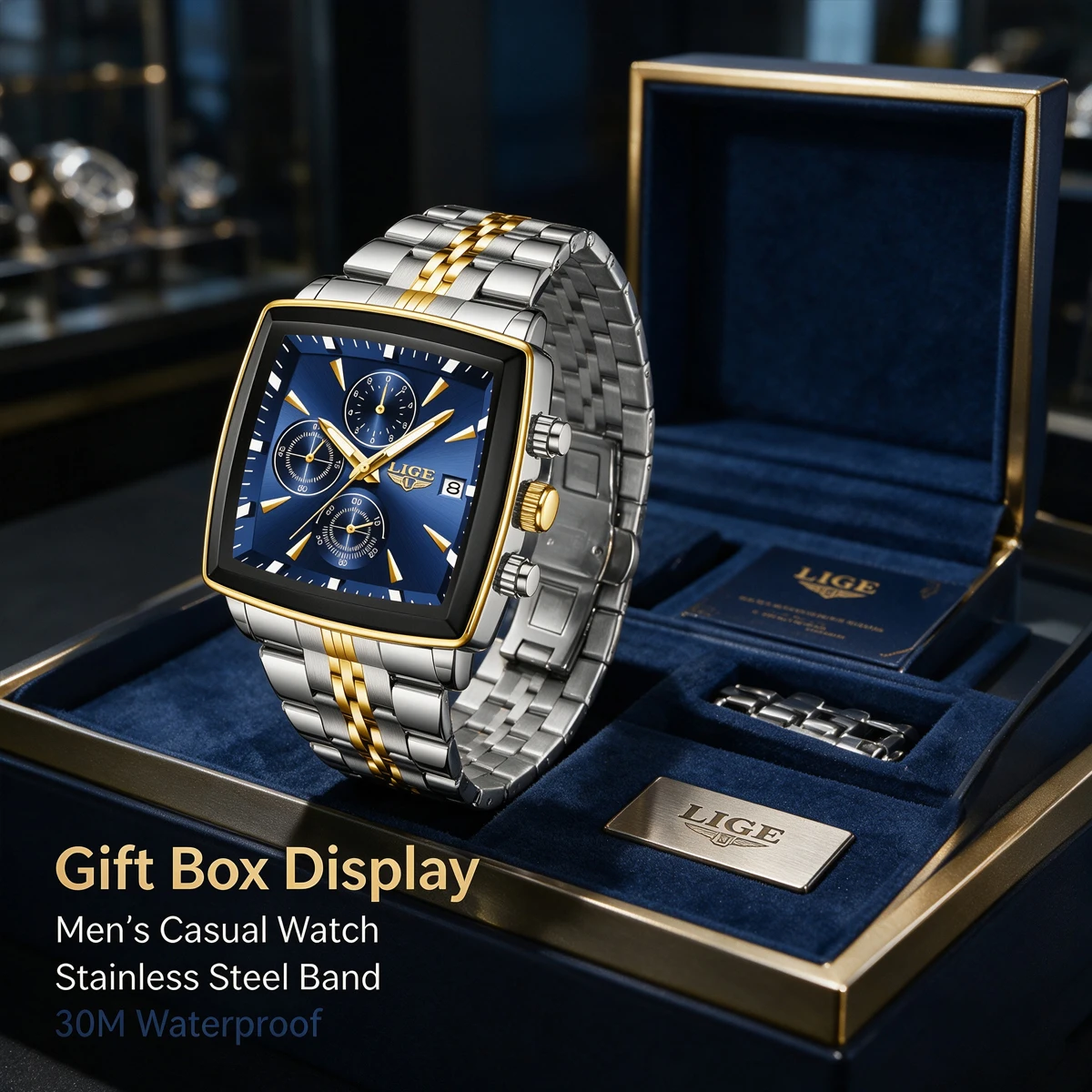 LIGE Casual Business Herrenuhren Quadratische Quarzuhr mit Datumsanzeige Leuchtende Herren Business Dynamisches Design Uhr Reloj Hombre Männergeschenke + Box